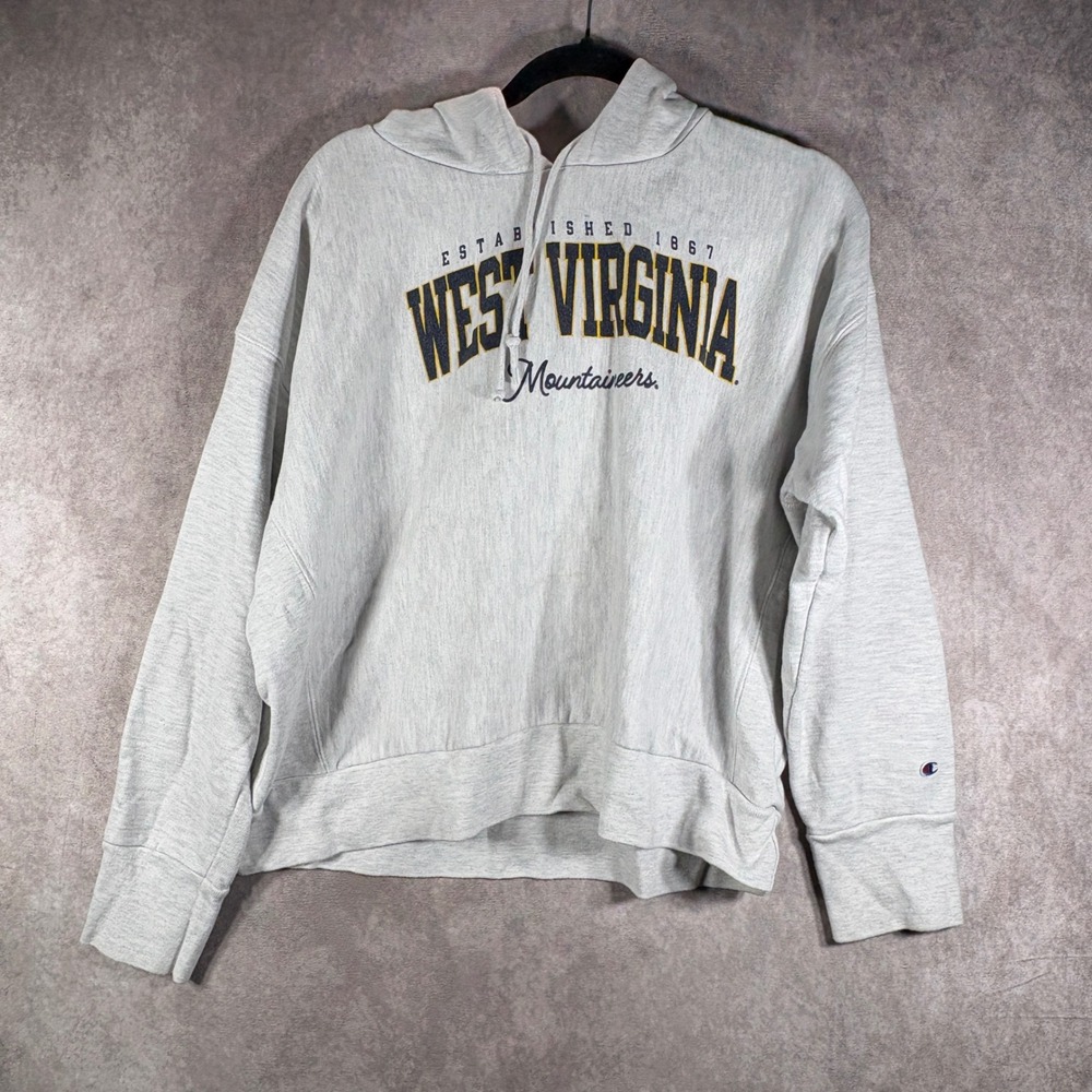 Vintage Champion Reverse Weave Hoodie L Gray West Virginia Mountaineers Weave